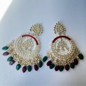 Gold-Tone Kundan Hoop Earrings with Green & Maroon Drops